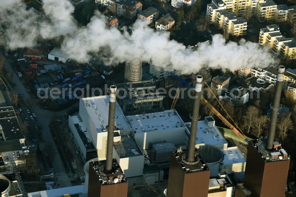 Berlin from the bird's eye view: Exhaust towers of the Vattenfall Europe AG at the canal eltowkanal in Berlin Lichterfelde