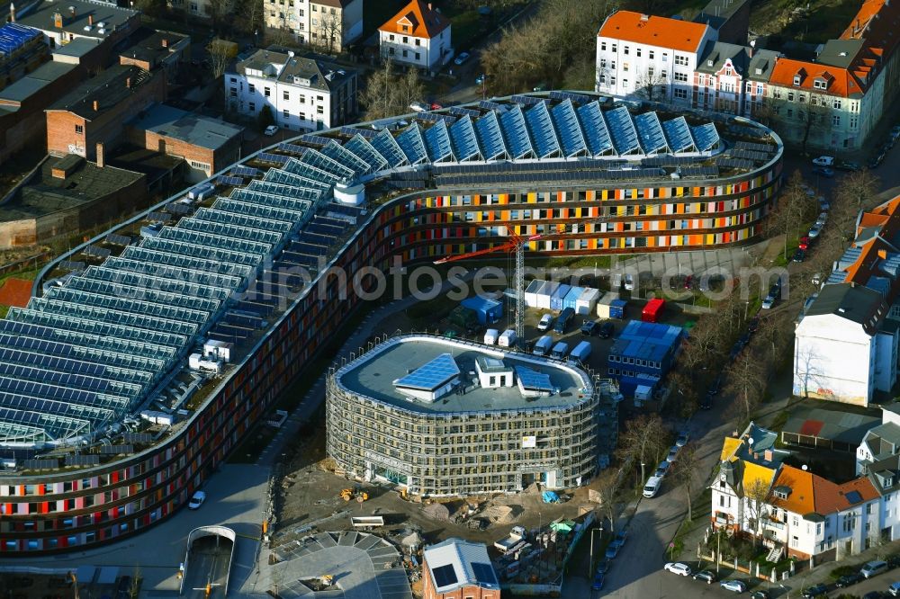 Dessau from the bird's eye view: Construction site of building of the State Authority UBA Umweltbundesamt Woerlitzer Platz in Dessau in the state Saxony-Anhalt, Germany