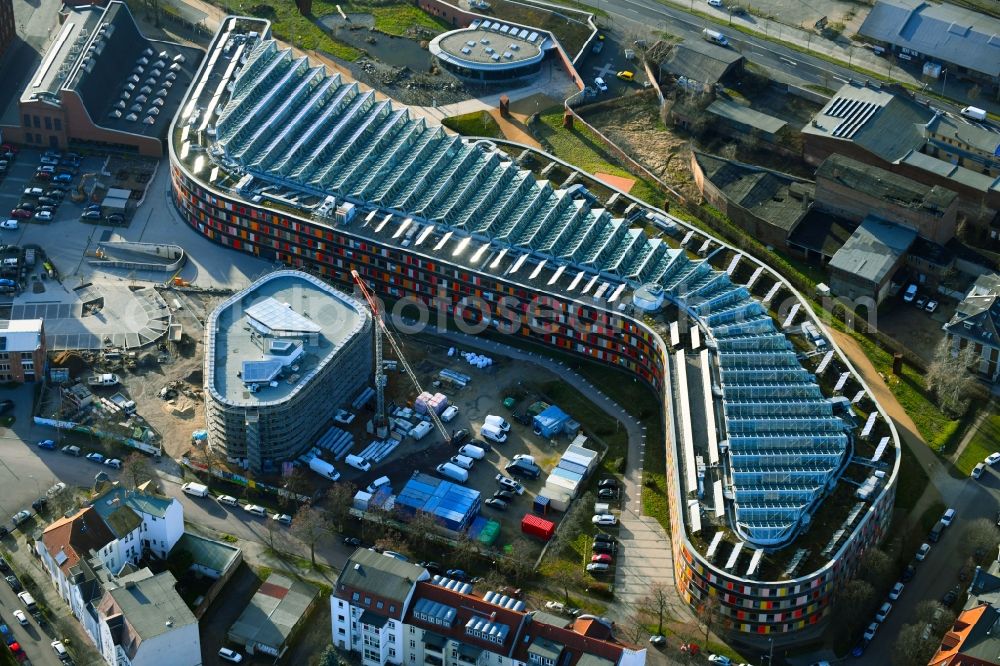 Dessau from above - Construction site of building of the State Authority UBA Umweltbundesamt Woerlitzer Platz in Dessau in the state Saxony-Anhalt, Germany