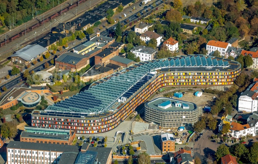 Dessau from the bird's eye view: Construction site of building of the State Authority UBA Umweltbundesamt Woerlitzer Platz in Dessau in the state Saxony-Anhalt, Germany