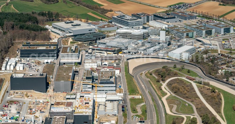 Aerial photograph Weissach - Extension - new building - construction site on the factory premises of Porsche Deutschland GmbH in Weissach in the state Baden-Wurttemberg, Germany