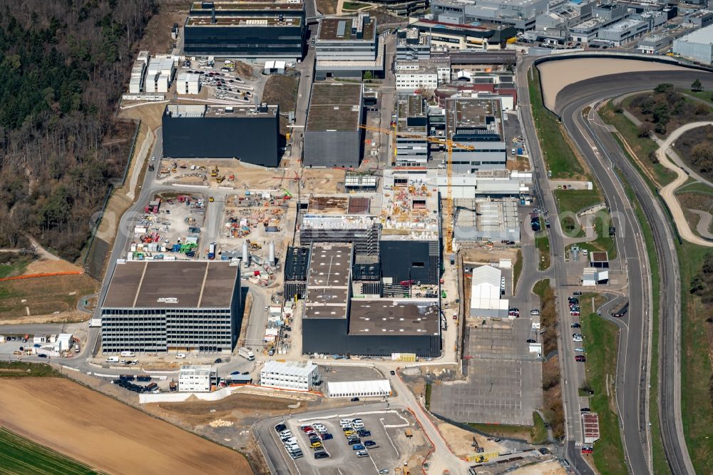 Weissach from above - Extension - new building - construction site on the factory premises of Porsche Deutschland GmbH in Weissach in the state Baden-Wurttemberg, Germany