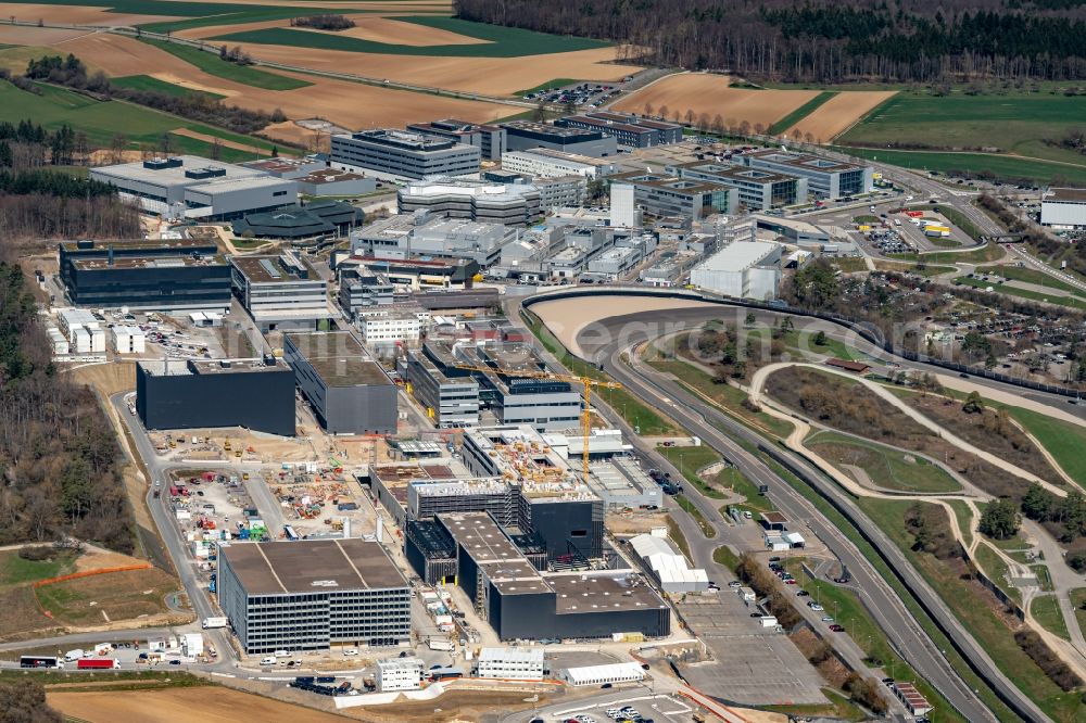 Aerial image Weissach - Extension - new building - construction site on the factory premises of Porsche Deutschland GmbH in Weissach in the state Baden-Wurttemberg, Germany