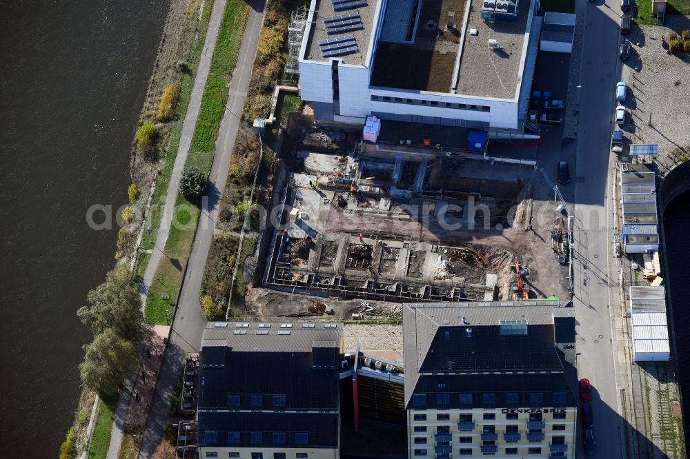 Magdeburg from above - Extension of new building site at the building complex of the institute on Joseph-von-Fraunhofer-Strasse corner Werner-Heisenberg-Strasse - Sarajevo-Ufer in the district Alte Neustadt in Magdeburg in the state Saxony-Anhalt, Germany