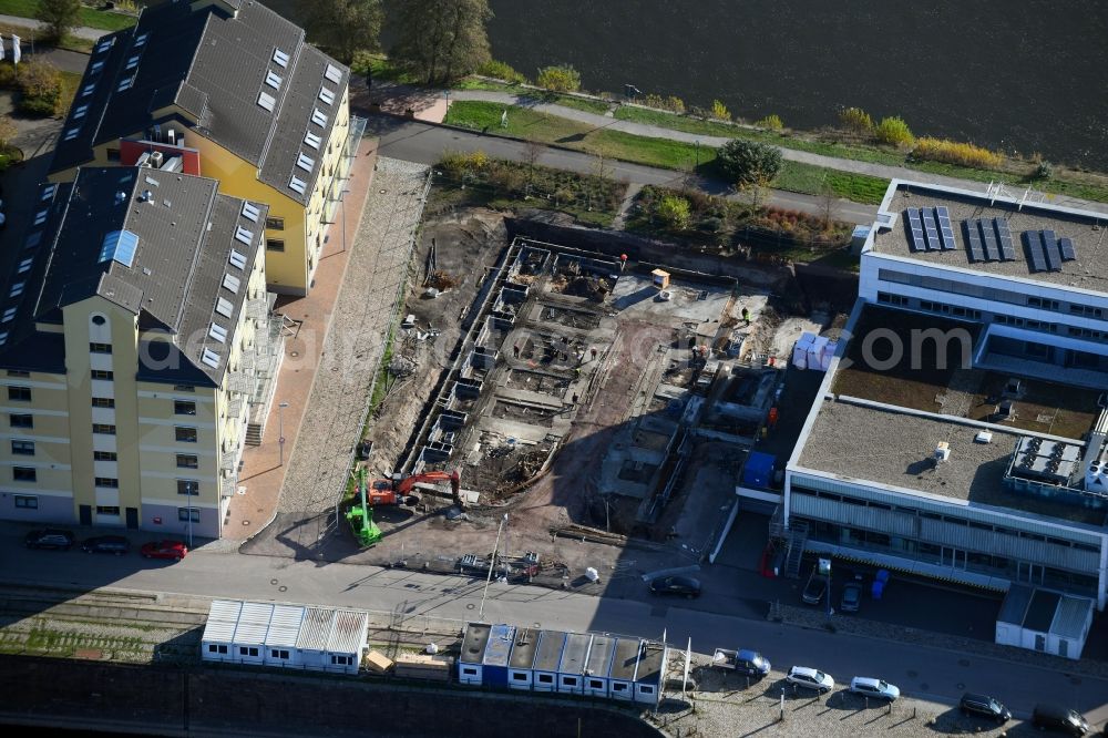 Aerial image Magdeburg - Extension of new building site at the building complex of the institute on Joseph-von-Fraunhofer-Strasse corner Werner-Heisenberg-Strasse - Sarajevo-Ufer in the district Alte Neustadt in Magdeburg in the state Saxony-Anhalt, Germany