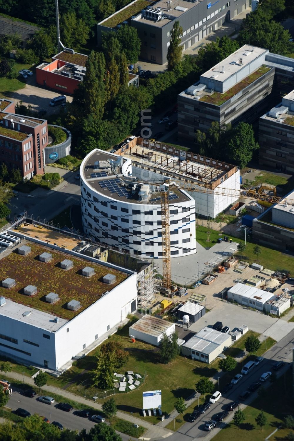 Berlin from above - Extension of new building site at the building complex of the institute Willy-Wien-Laboratorium (PTB) on Magnusstrasse in the district Adlershof in Berlin, Germany