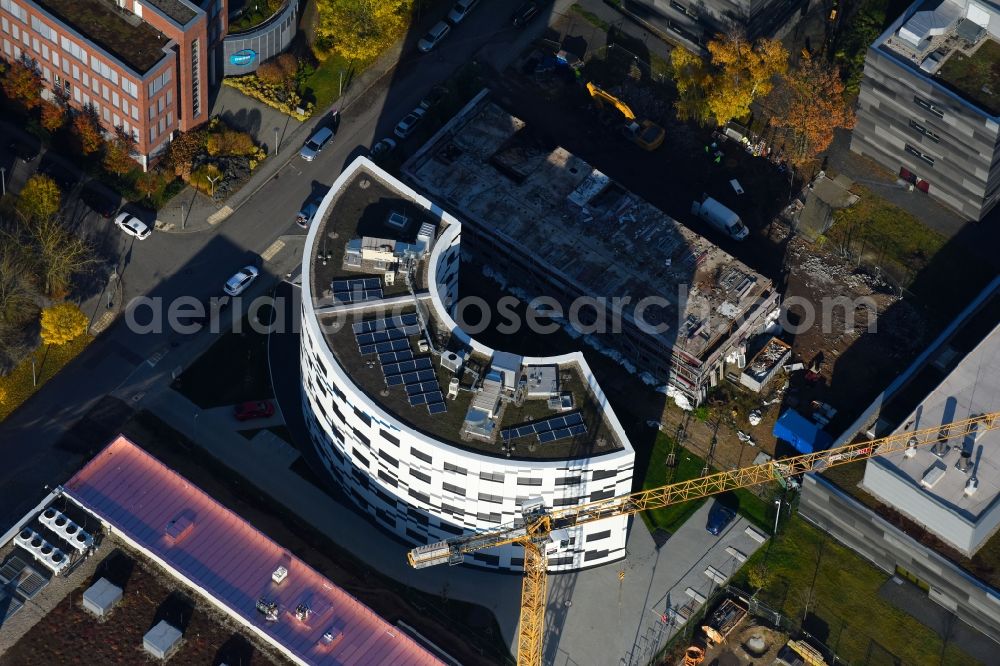 Berlin from above - Extension of new building site at the building complex of the institute Willy-Wien-Laboratorium (PTB) on Magnusstrasse in the district Adlershof in Berlin, Germany