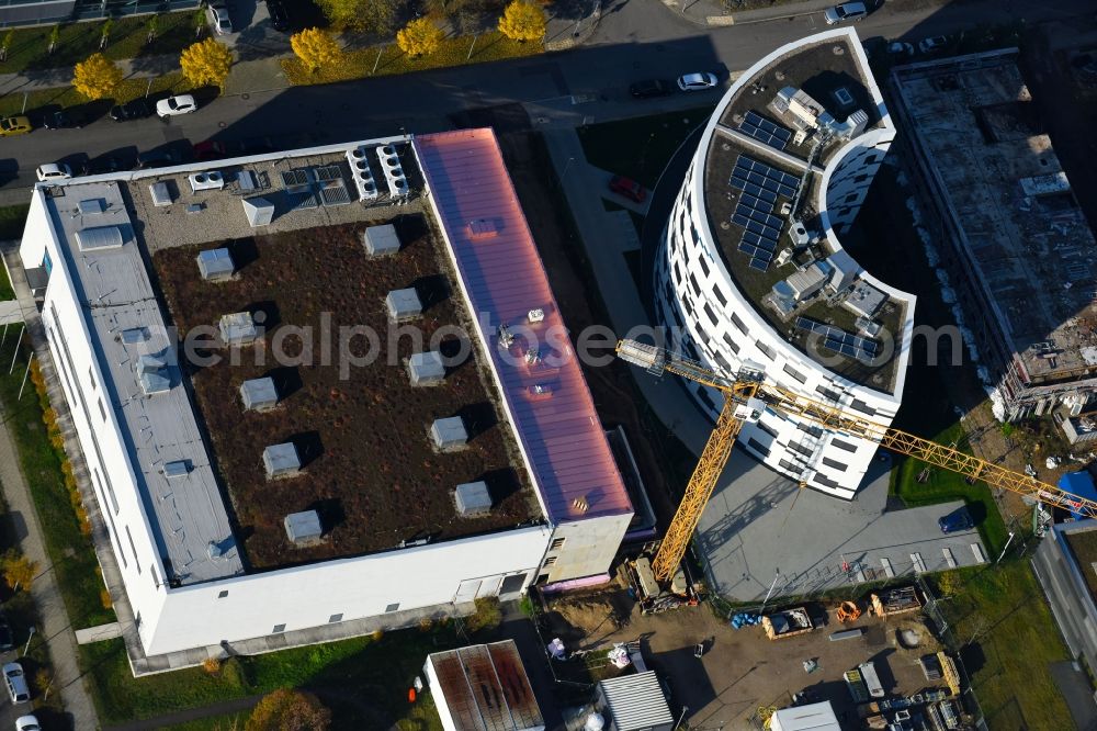 Berlin from the bird's eye view: Extension of new building site at the building complex of the institute Willy-Wien-Laboratorium (PTB) on Magnusstrasse in the district Adlershof in Berlin, Germany