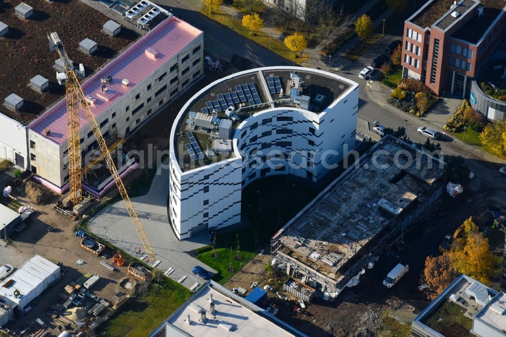 Berlin from above - Extension of new building site at the building complex of the institute Willy-Wien-Laboratorium (PTB) on Magnusstrasse in the district Adlershof in Berlin, Germany