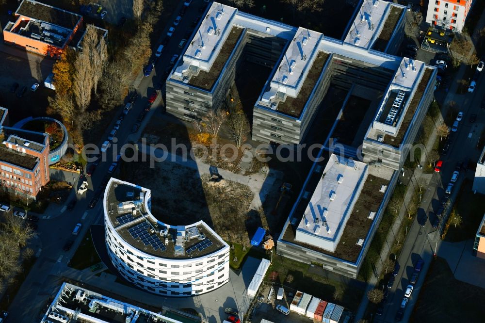 Aerial image Berlin - Extension of new building site at the building complex of the institute Willy-Wien-Laboratorium (PTB) on Magnusstrasse in the district Adlershof in Berlin, Germany