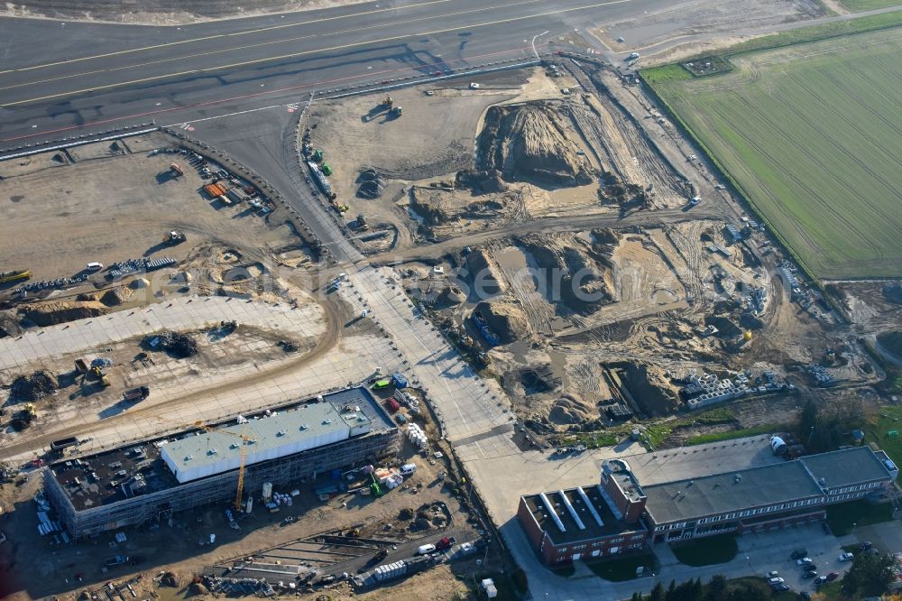 Schönefeld from above - Expansion and construction site on the grounds of the airport in area of old GDR check-in building in Schoenefeld in the state Brandenburg, Germany