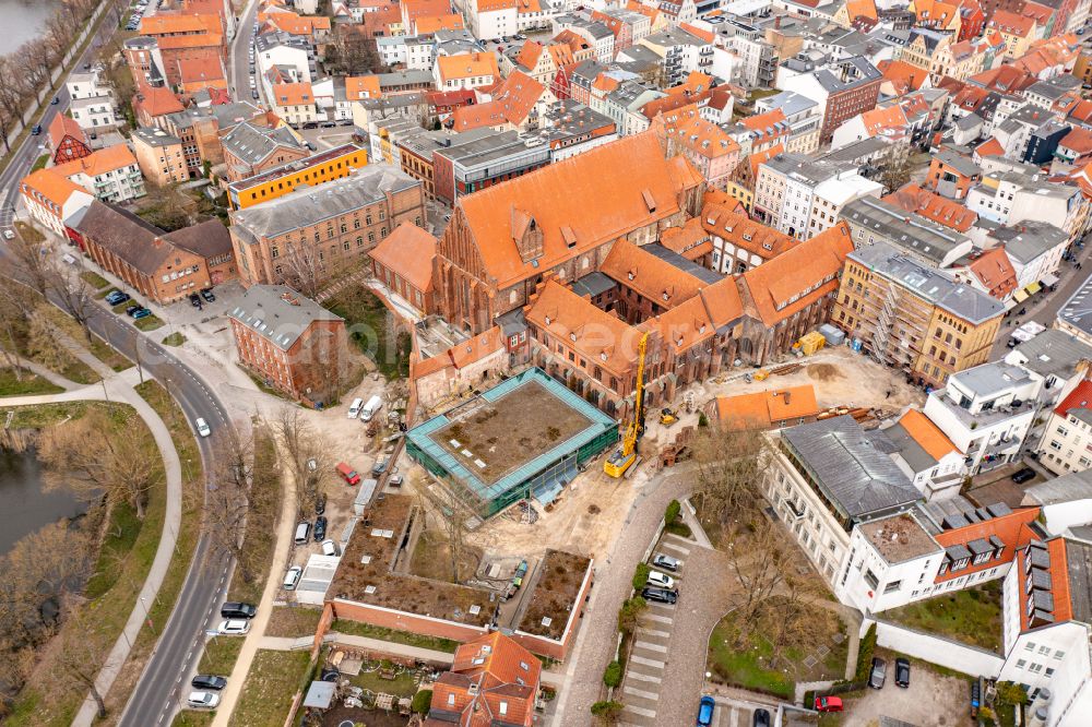 Hansestadt Stralsund from the bird's eye view: Extension new construction site at the museum building ensemble Stralsund Museum and Maritime Museum on the street Bielkenhagen in the district Andershof in the Hanseatic City of Stralsund in the state Mecklenburg - Western Pomerania, Germany. The cultural-historical museum of the Hanseatic city of Stralsund is located in parts of the former medieval St. Catherine's Monastery and the adjacent former Ernst Moritz Arndt School in the core area of a??a??the city area, which has been recognized by UNESCO as a World Heritage Site