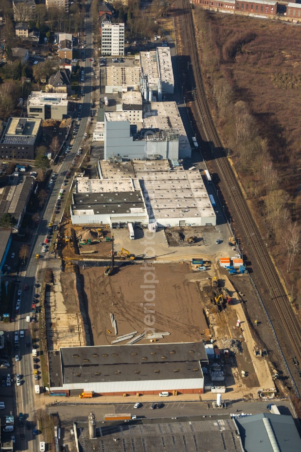 Witten from the bird's eye view: Extension - new building - construction site on the factory premises of Ardex GmbH in Witten in the state North Rhine-Westphalia, Germany