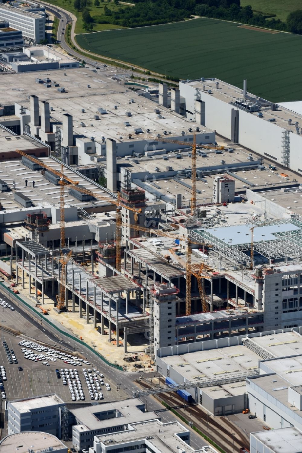 Ingolstadt from above - Extension - new building - construction site on the factory premises of AUDI AG in Ingolstadt in the state Bavaria, Germany