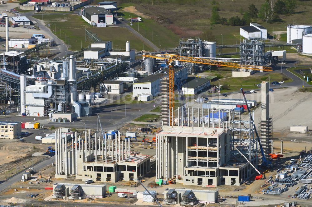 Schwarzheide from the bird's eye view: Extension - new building - construction site on the factory premises of BASF AG in Schwarzheide in the state Brandenburg, Germany