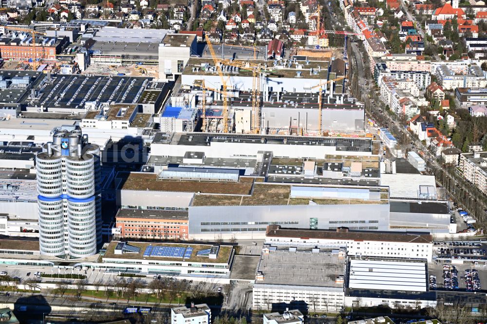 München from the bird's eye view: Extension - new building - construction site on the factory premises of BMW AG on street Lerchenauer Strasse in the district Milbertshofen in Munich in the state Bavaria, Germany