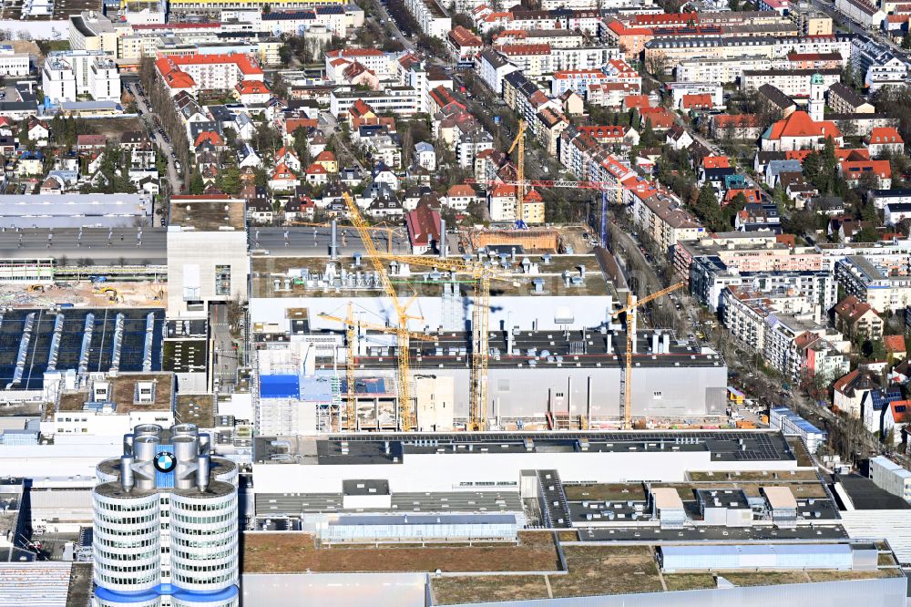 München from above - Extension - new building - construction site on the factory premises of BMW AG on street Lerchenauer Strasse in the district Milbertshofen in Munich in the state Bavaria, Germany