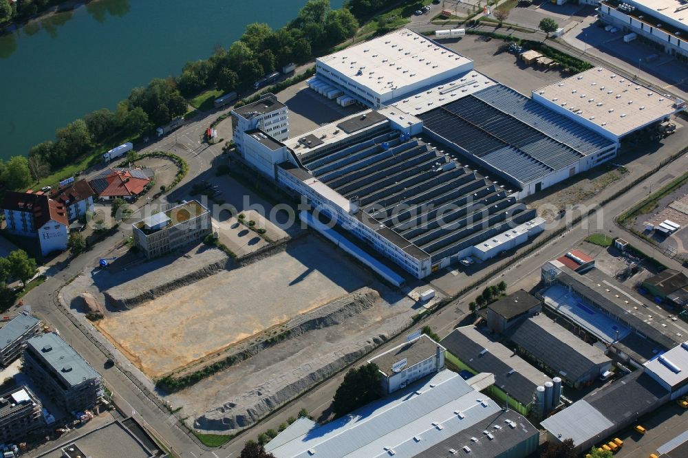 Bad Säckingen from the bird's eye view: Extension - new building - construction site on the factory premises Franke GmbH in Bad Saeckingen in the state Baden-Wurttemberg, Germany