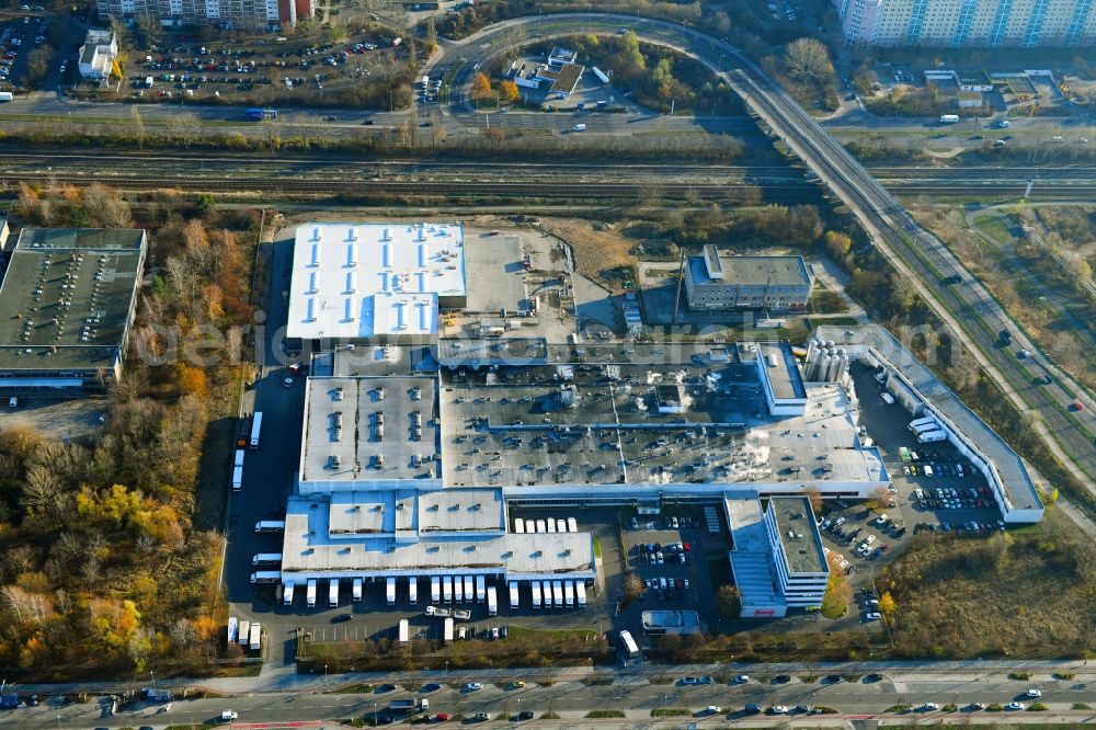 Aerial image Berlin - Extension - new building - construction site on the factory premises of Harry-Brot GmbH on Wolfener Strasse in the district Marzahn in Berlin, Germany