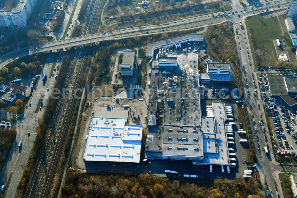 Aerial image Berlin - Extension - new building - construction site on the factory premises of Harry-Brot GmbH on Wolfener Strasse in the district Marzahn in Berlin, Germany