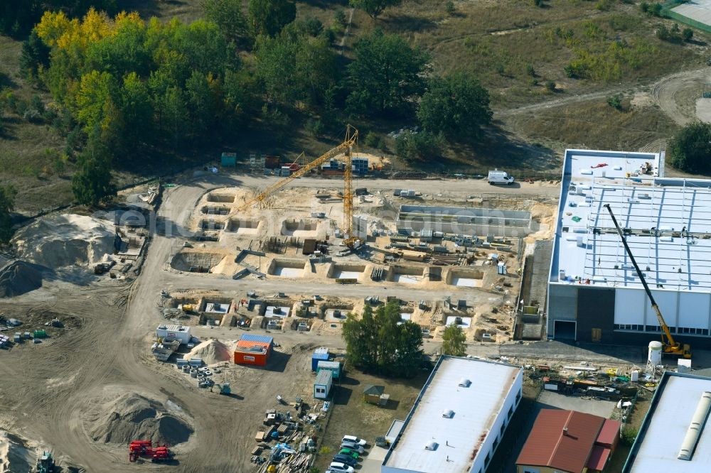 Oranienburg from above - Extension - new building - construction site on the factory premises of ORAFOL Europe GmbH on Orafolstrasse in Oranienburg in the state Brandenburg, Germany