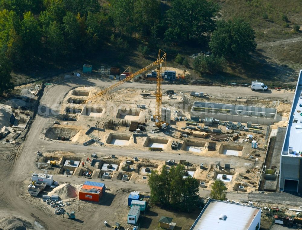 Oranienburg from above - Extension - new building - construction site on the factory premises of ORAFOL Europe GmbH on Orafolstrasse in Oranienburg in the state Brandenburg, Germany