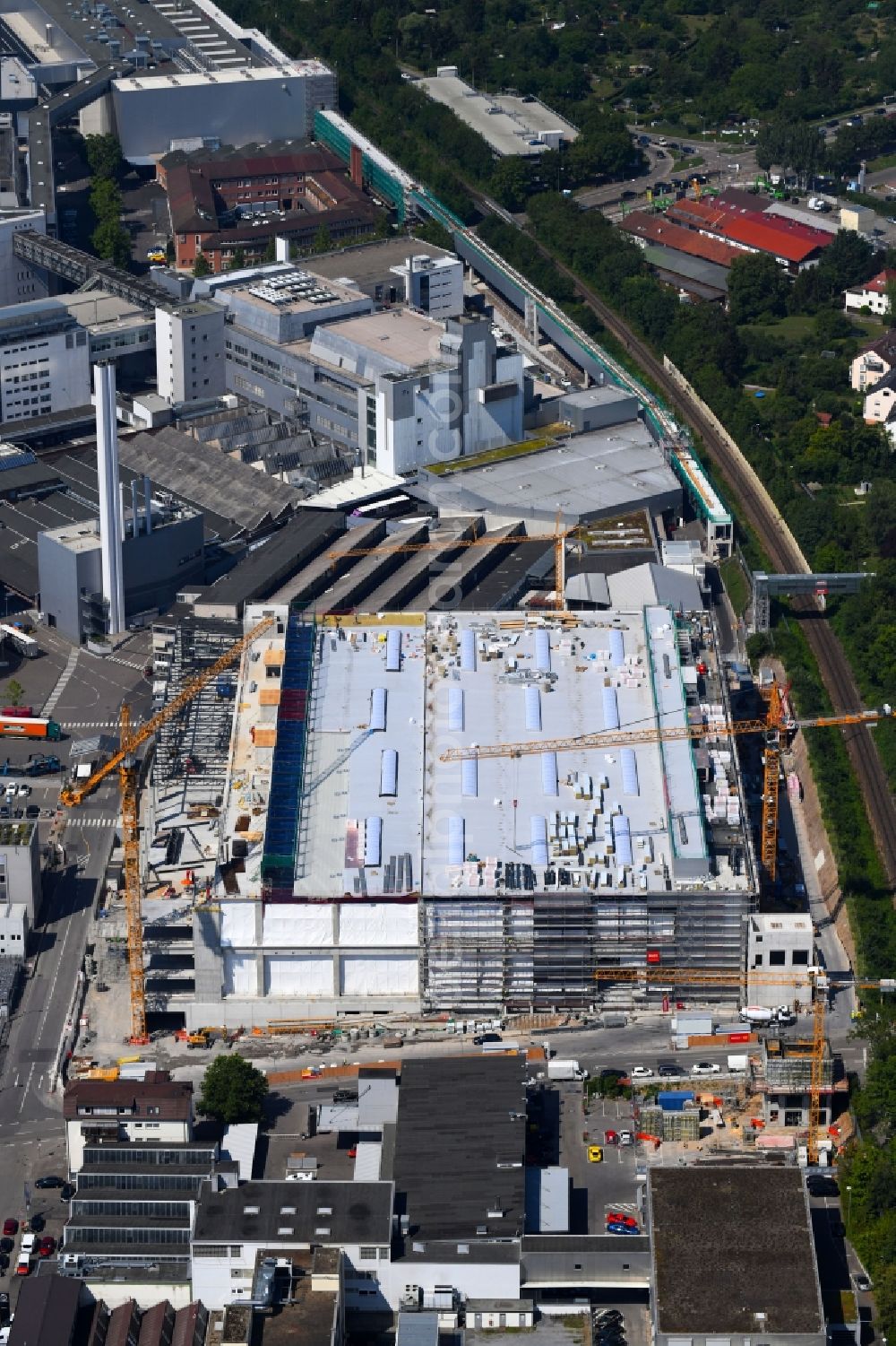 Stuttgart from above - Extension - new building - construction site on the factory premises of Porsche Deutschland GmbH on Adestrasse - Porschestrasse in the district Zuffenhausen in Stuttgart in the state Baden-Wurttemberg, Germany