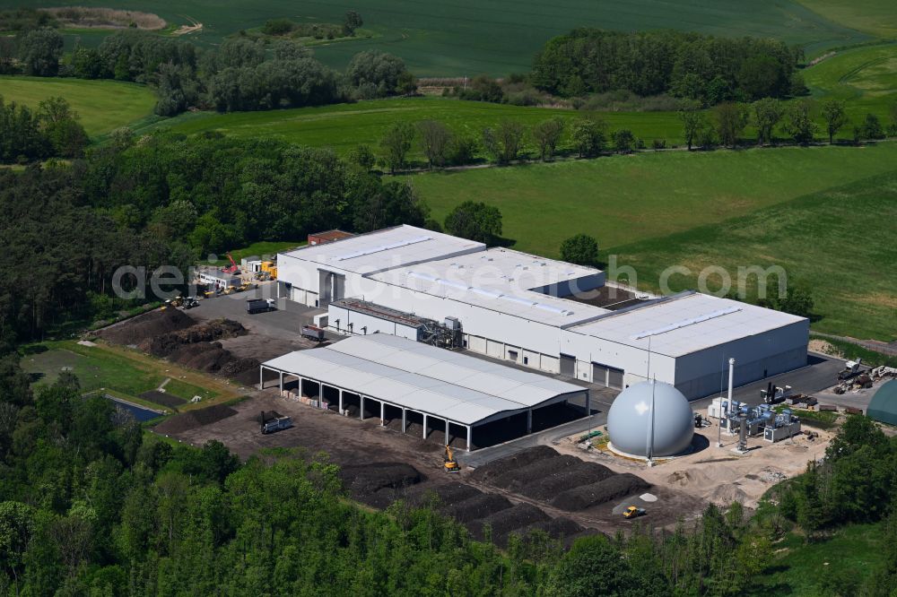 Mehrow from the bird's eye view: Extension - new building - construction site on the factory premises of RETERRA Service GmbH Kompostwerk Trappenfelde on street Am Walde in Mehrow in the state Brandenburg, Germany