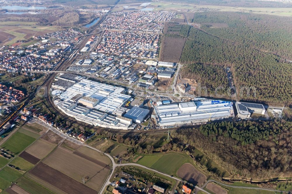 Graben-Neudorf from above - Extension - new building - construction site on the factory premises of SEW-EURODRIVE GmbH & Co KG in Graben-Neudorf in the state Baden-Wurttemberg, Germany