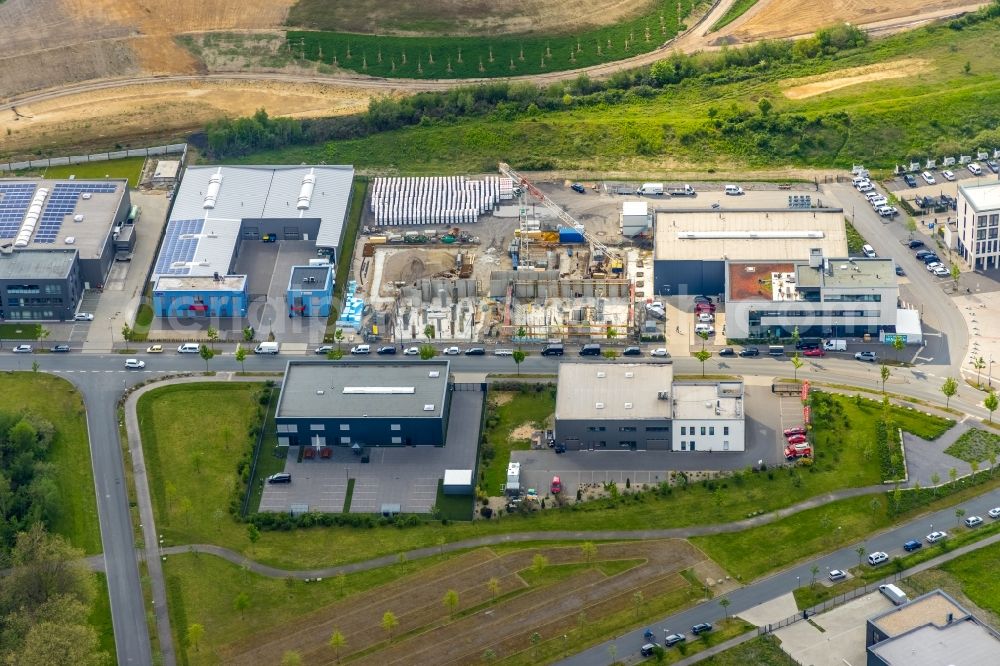 Gelsenkirchen from above - Extension - new building - construction site on the factory premises der Stoelting Gruppe on Johannes-Rau-Allee in the district Bismarck in Gelsenkirchen at Ruhrgebiet in the state North Rhine-Westphalia, Germany