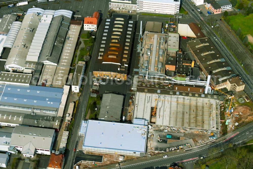 Aschaffenburg from above - Extension - new building - construction site on the factory premises of TRW Automotive Safety Systems GmbH on Spessartstrasse in Aschaffenburg in the state Bavaria, Germany