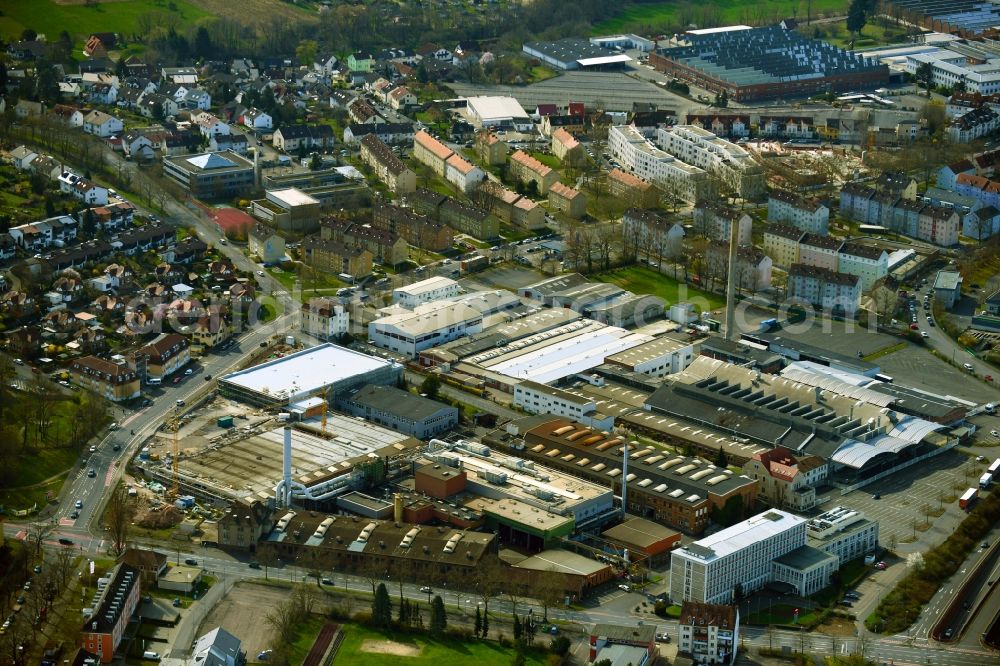 Aschaffenburg from above - Extension - new building - construction site on the factory premises of TRW Automotive Safety Systems GmbH on Spessartstrasse in Aschaffenburg in the state Bavaria, Germany