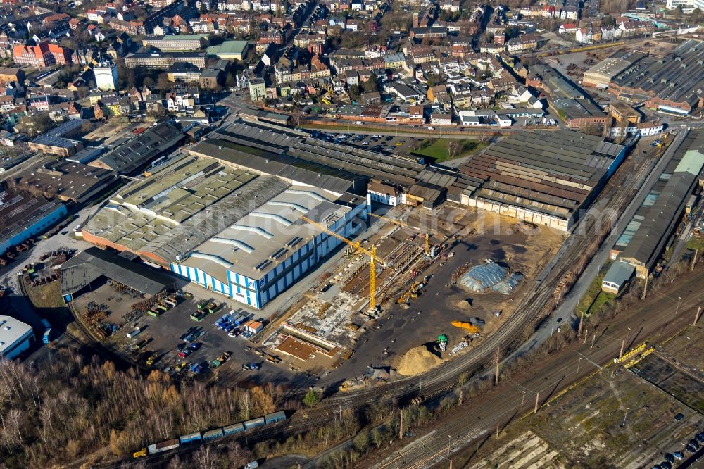 Hamm from above - Extension - new building - construction site on the factory premises of WDI - Westfaelische Drahtindustrie GmbH along the Banningstrasse in Hamm in the state North Rhine-Westphalia, Germany