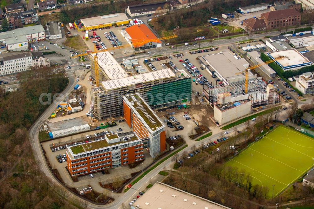 Mülheim an der Ruhr from the bird's eye view: Construction site for the new building headquarters Group of Companies ALDI SUeD in Muelheim on the Ruhr in the state North Rhine-Westphalia