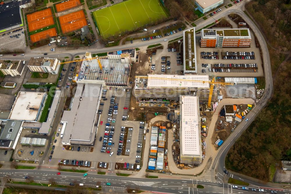 Aerial photograph Mülheim an der Ruhr - Construction site for the new building headquarters Group of Companies ALDI SUeD in Muelheim on the Ruhr in the state North Rhine-Westphalia