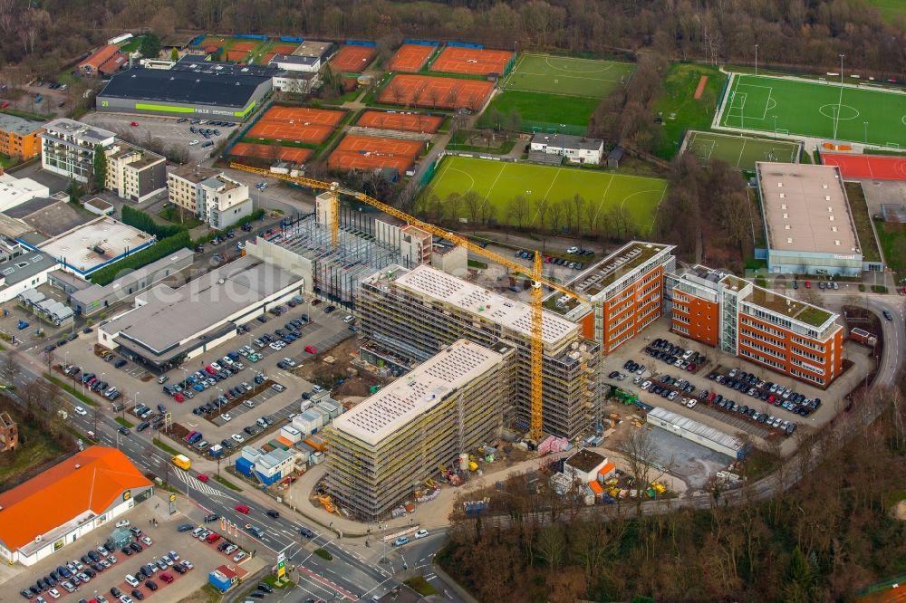 Mülheim an der Ruhr from above - Construction site for the new building headquarters Group of Companies ALDI SUeD in Muelheim on the Ruhr in the state North Rhine-Westphalia