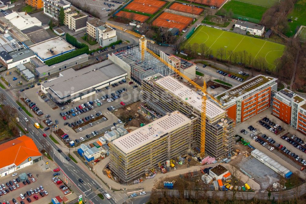 Mülheim an der Ruhr from the bird's eye view: Construction site for the new building headquarters Group of Companies ALDI SUeD in Muelheim on the Ruhr in the state North Rhine-Westphalia