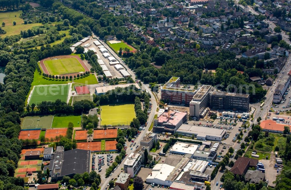 Mülheim an der Ruhr from the bird's eye view: Construction site for the new building headquarters Group of Companies ALDI SUeD in Muelheim on the Ruhr in the state North Rhine-Westphalia