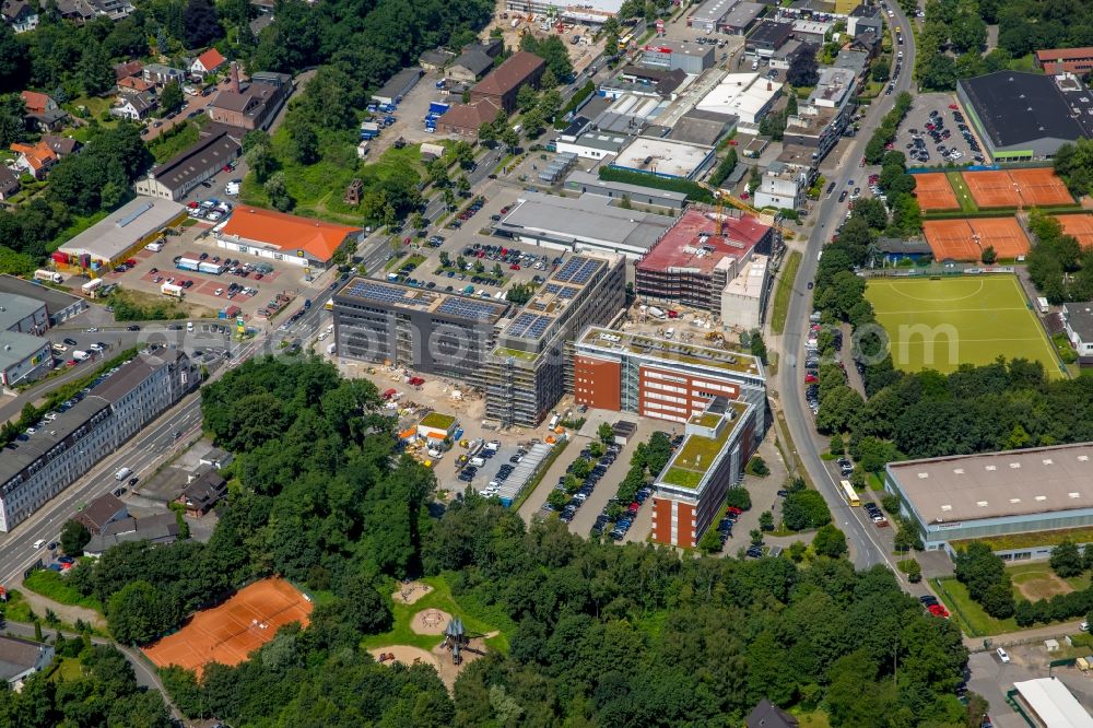 Mülheim an der Ruhr from the bird's eye view: Construction site for the new building headquarters Group of Companies ALDI SUeD in Muelheim on the Ruhr in the state North Rhine-Westphalia