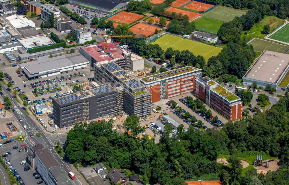 Aerial photograph Mülheim an der Ruhr - Construction site for the new building headquarters Group of Companies ALDI SUeD in Muelheim on the Ruhr in the state North Rhine-Westphalia