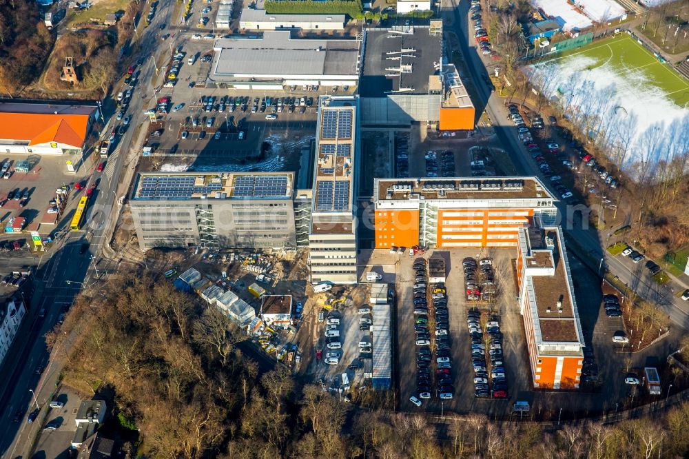 Mülheim an der Ruhr from above - Construction site for the new building headquarters Group of Companies ALDI SUeD in Muelheim on the Ruhr in the state North Rhine-Westphalia