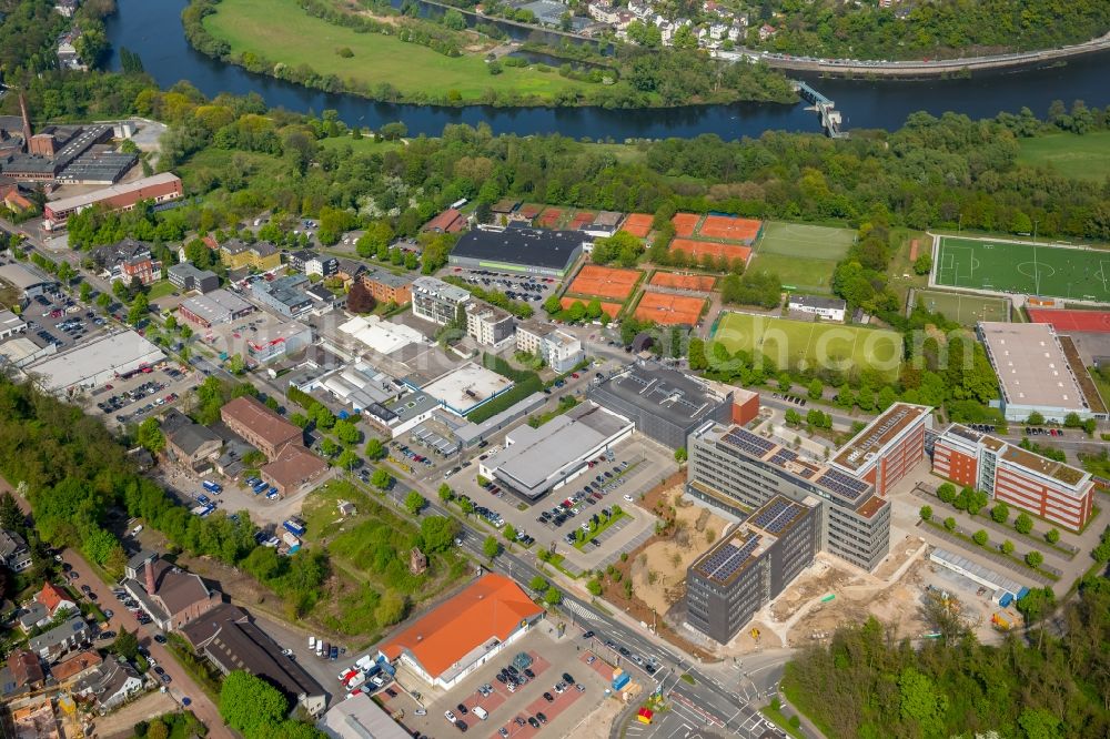 Mülheim an der Ruhr from above - Construction site for the new building headquarters Group of Companies ALDI SUeD in Muelheim on the Ruhr in the state North Rhine-Westphalia