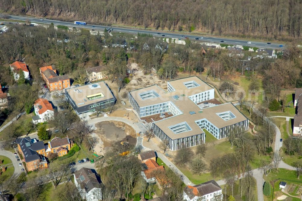 Dortmund from above - New extension to the hospital grounds LWL-Klinik Dortmund fuer Psychiatrie, Psychotherapie und Psychosomatik in the district Aplerbeck in Dortmund in the state North Rhine-Westphalia