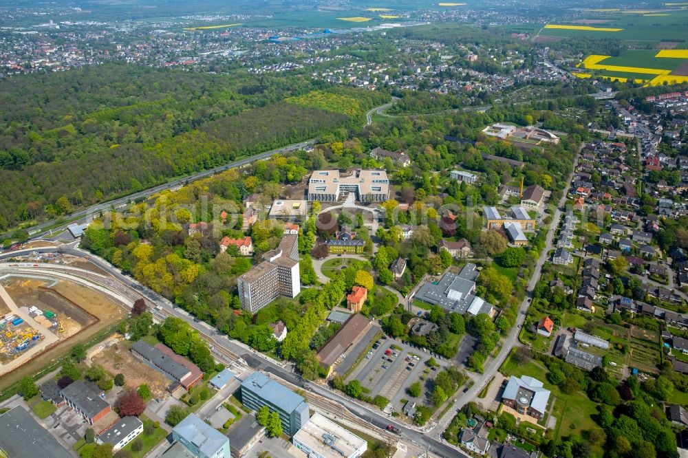 Dortmund from above - New extension to the hospital grounds LWL-Klinik Dortmund fuer Psychiatrie, Psychotherapie und Psychosomatik in the district Aplerbeck in Dortmund in the state North Rhine-Westphalia