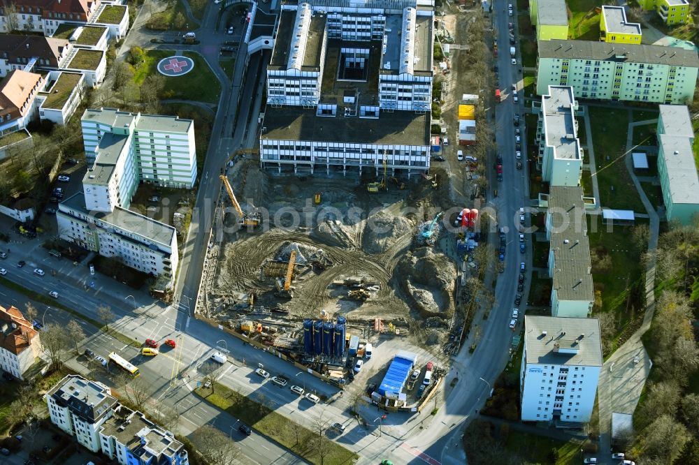 Aerial image Berlin - Construction site for a new extension to the hospital grounds Vivantes Klinikum Neukoelln on street Rudower Chaussee in the district Neukoelln in Berlin, Germany