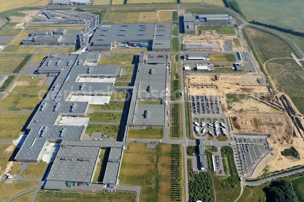 Leipzig from the bird's eye view: Blick auf den Ausbau des Leipziger BMW- Werkes für die Produktion von Elektroautos. Bayerische Motoren Werke / BMW AG Motorrad Werk Leipzig an der BMW Allee 1 in Sachsen. BMW Motorcycle Plant Leipzig in Saxony.