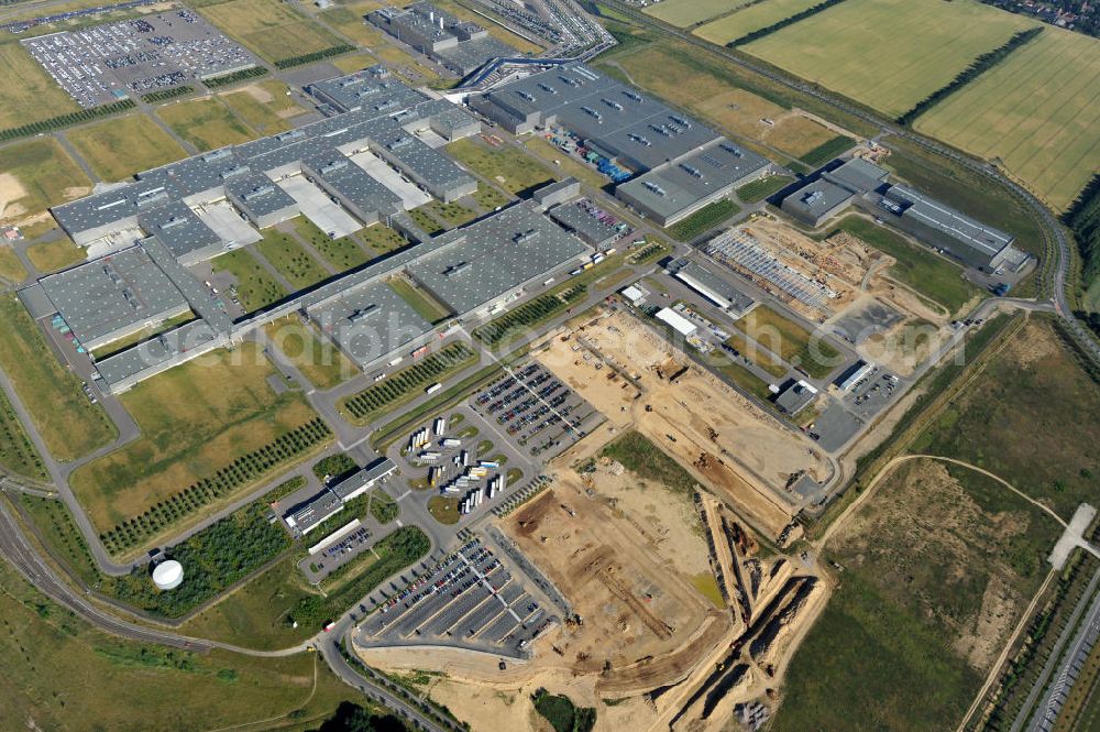 Aerial image Leipzig - Blick auf den Ausbau des Leipziger BMW- Werkes für die Produktion von Elektroautos. Bayerische Motoren Werke / BMW AG Motorrad Werk Leipzig an der BMW Allee 1 in Sachsen. BMW Motorcycle Plant Leipzig in Saxony.