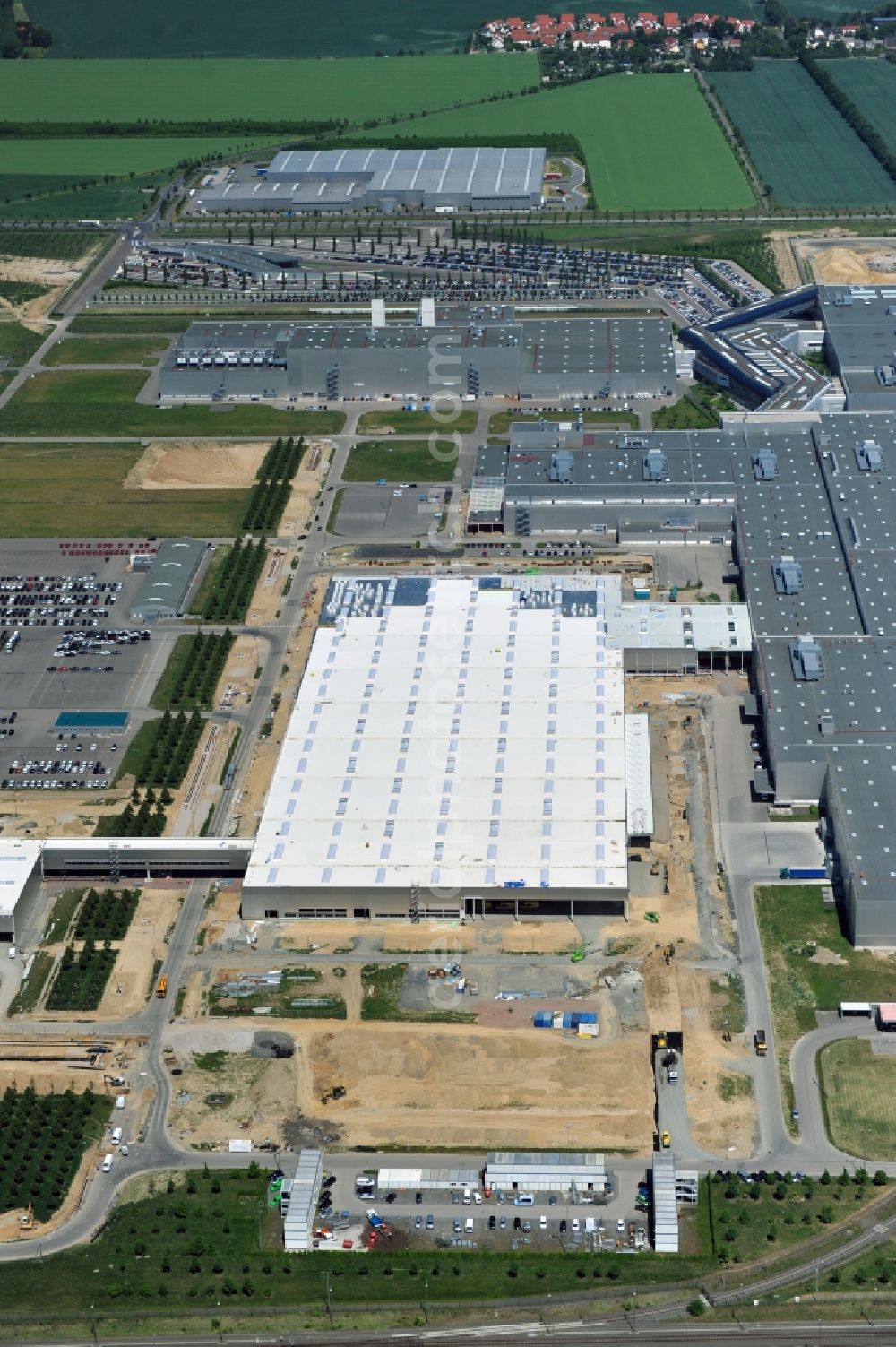 Leipzig from above - Blick auf den Ausbau des Leipziger BMW- Werkes für die Produktion von Elektroautos. Bayerische Motoren Werke / BMW AG Motorrad Werk Leipzig an der BMW Allee 1 in Sachsen. BMW Motorcycle Plant Leipzig in Saxony.