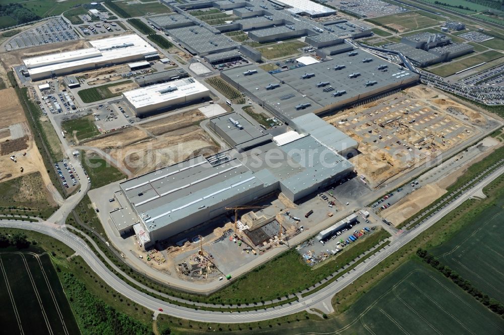 Leipzig from above - Blick auf den Ausbau des Leipziger BMW- Werkes für die Produktion von Elektroautos. Bayerische Motoren Werke / BMW AG Motorrad Werk Leipzig an der BMW Allee 1 in Sachsen. BMW Motorcycle Plant Leipzig in Saxony.