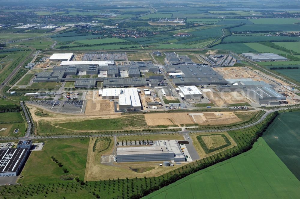 Leipzig from the bird's eye view: Blick auf den Ausbau des Leipziger BMW- Werkes für die Produktion von Elektroautos. Bayerische Motoren Werke / BMW AG Motorrad Werk Leipzig an der BMW Allee 1 in Sachsen. BMW Motorcycle Plant Leipzig in Saxony.